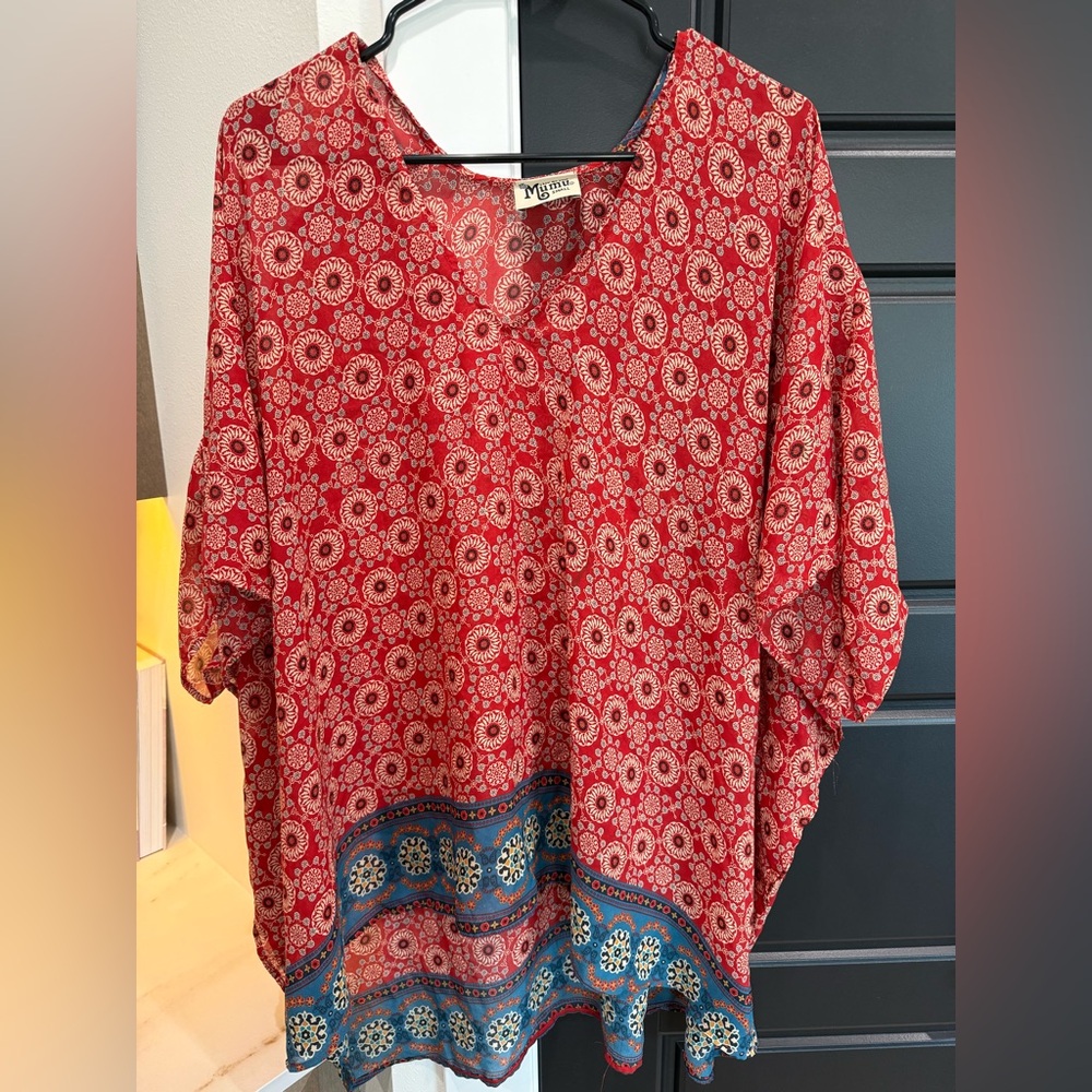 Show Me Your MuMu Red Printed V-Neck Tunic with Blue Border